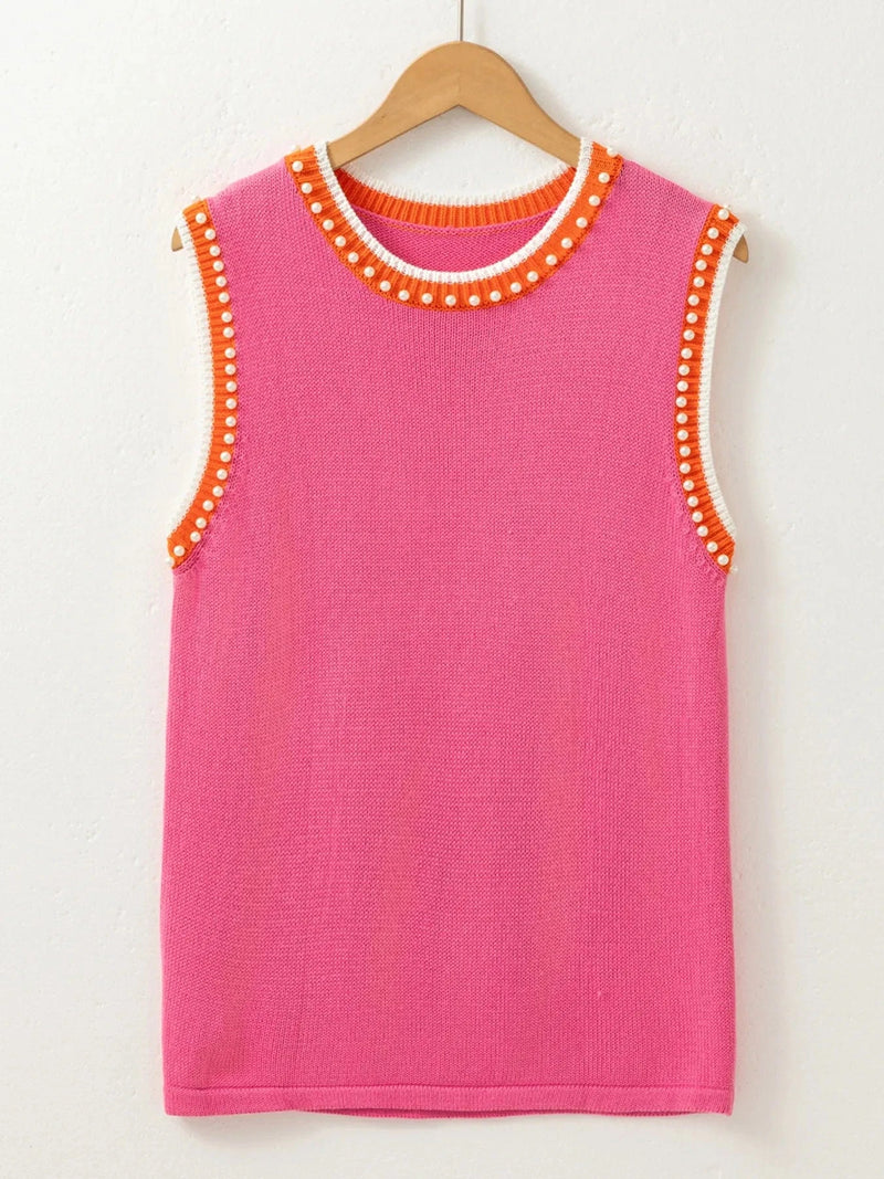 Trendsi Contrast Trim Pearl Detail Sweater Tank Top
