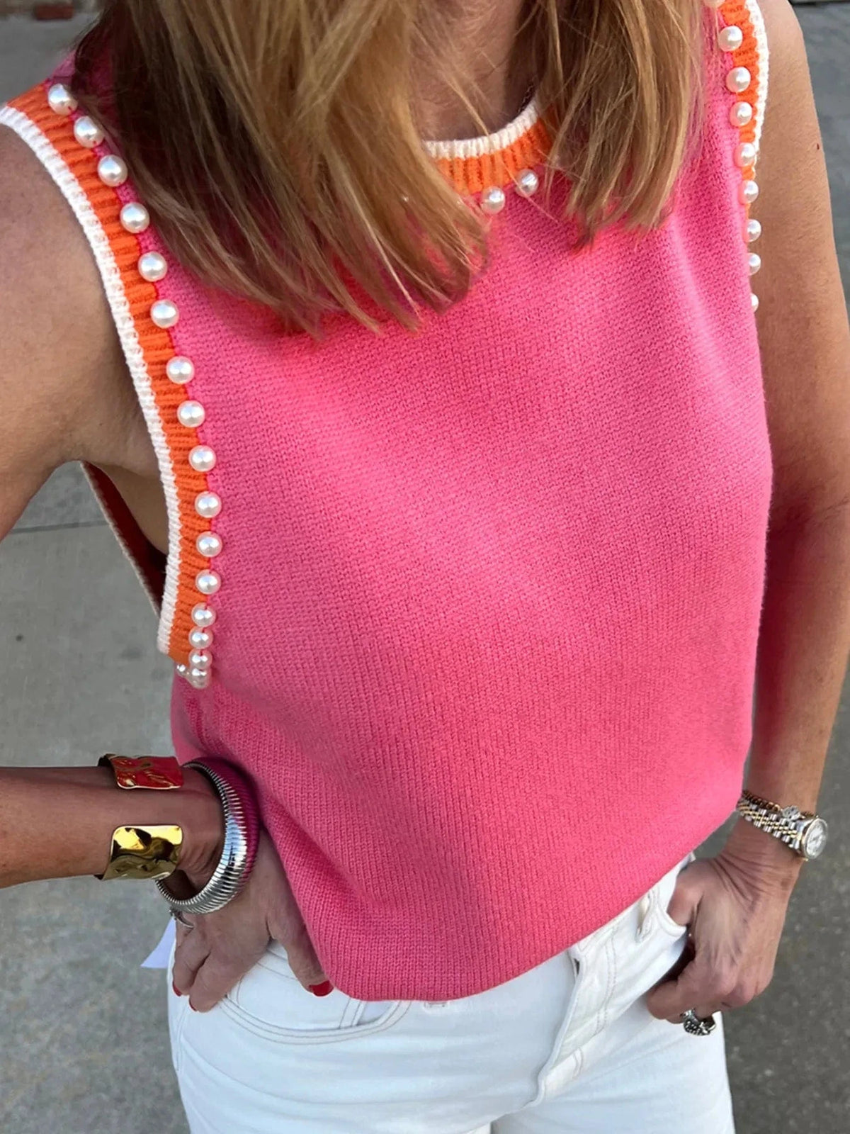 Trendsi Hot Pink / S Contrast Trim Pearl Detail Sweater Tank Top