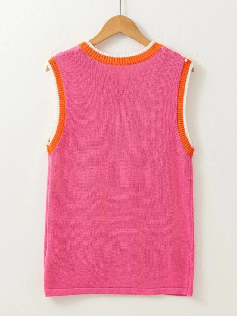 Contrast Trim Pearl Detail Sweater Tank Top - Hot Pink by Trendsi from FREYA’S CLOSET