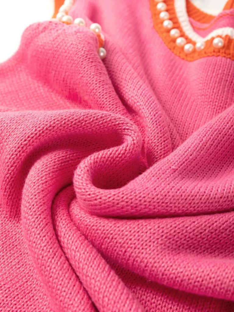 Contrast Trim Pearl Detail Sweater Tank Top - Hot Pink by Trendsi from FREYA’S CLOSET