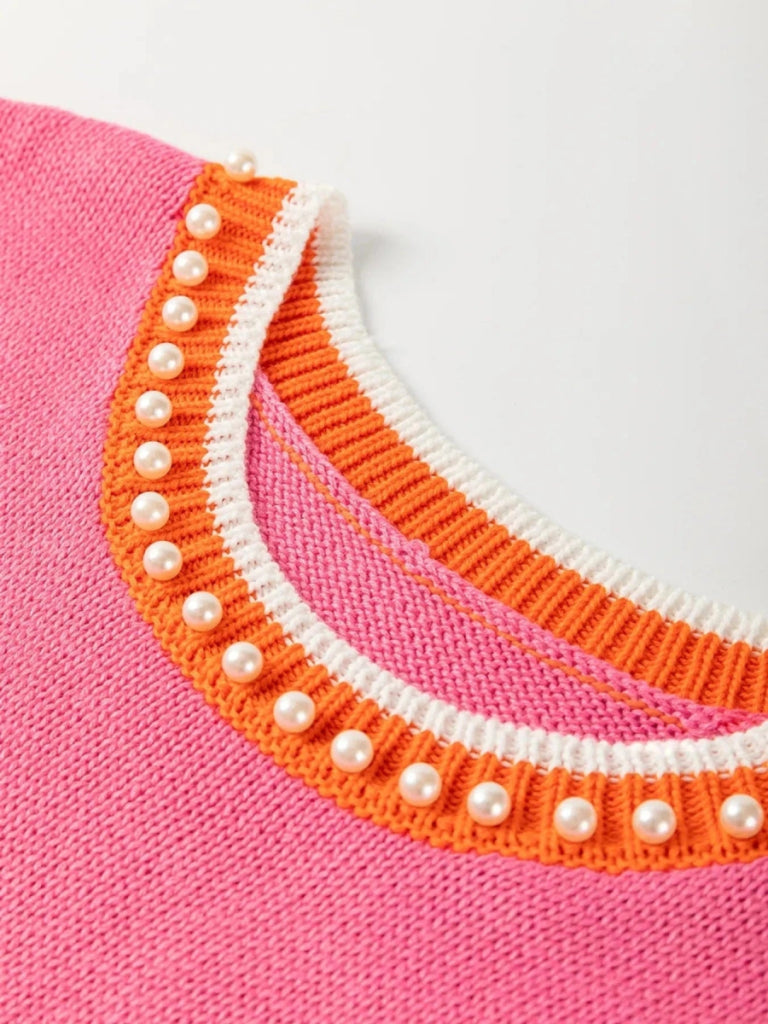 Contrast Trim Pearl Detail Sweater Tank Top - Hot Pink by Trendsi from FREYA’S CLOSET