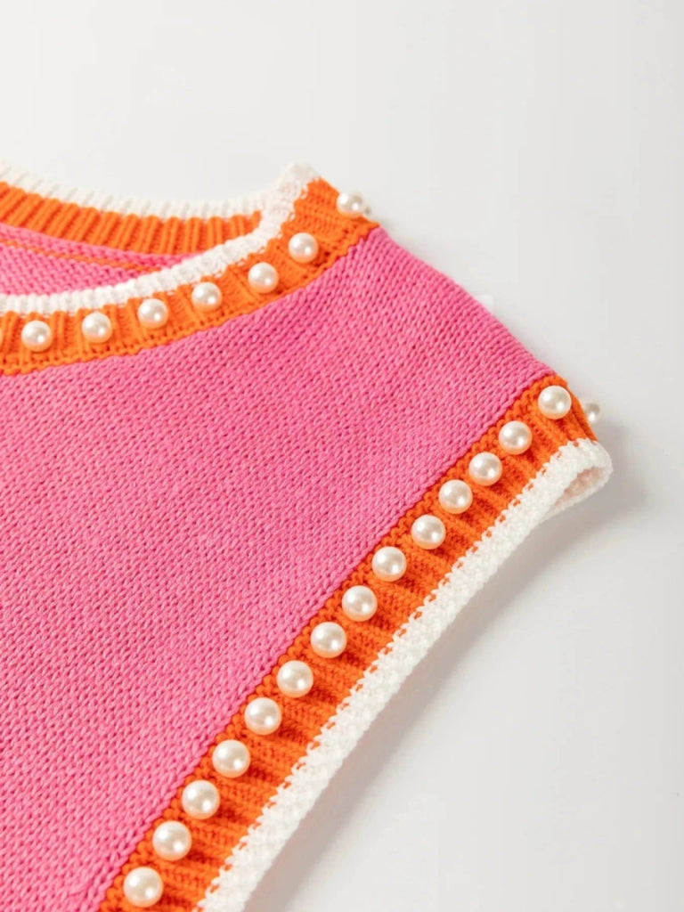 Contrast Trim Pearl Detail Sweater Tank Top - Hot Pink by Trendsi from FREYA’S CLOSET