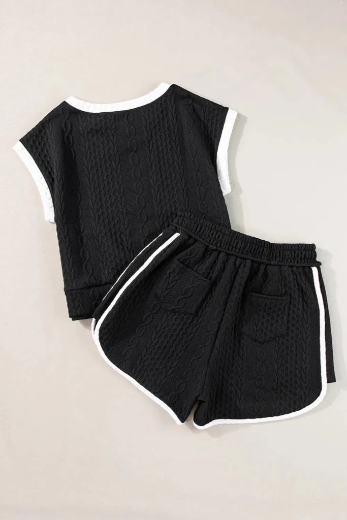 Contrast Trim Round Neck Top and Shorts Set - Black by Trendsi from FREYA’S CLOSET