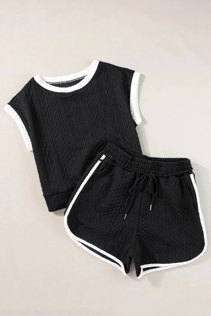 Contrast Trim Round Neck Top and Shorts Set - Black by Trendsi from FREYA’S CLOSET