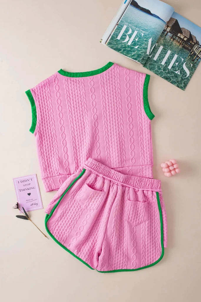 Contrast Trim Round Neck Top and Shorts Set - Pink by Trendsi from FREYA’S CLOSET