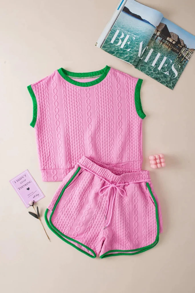 Contrast Trim Round Neck Top and Shorts Set - Pink by Trendsi from FREYA’S CLOSET
