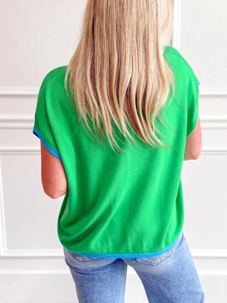 Contrast Trim Short Sleeve Sweater - Green by Trendsi from FREYA’S CLOSET