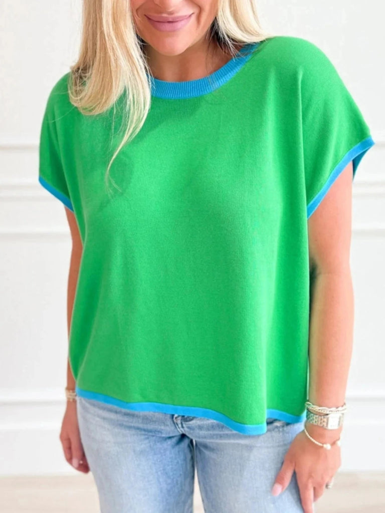 Contrast Trim Short Sleeve Sweater - Green by Trendsi from FREYA’S CLOSET