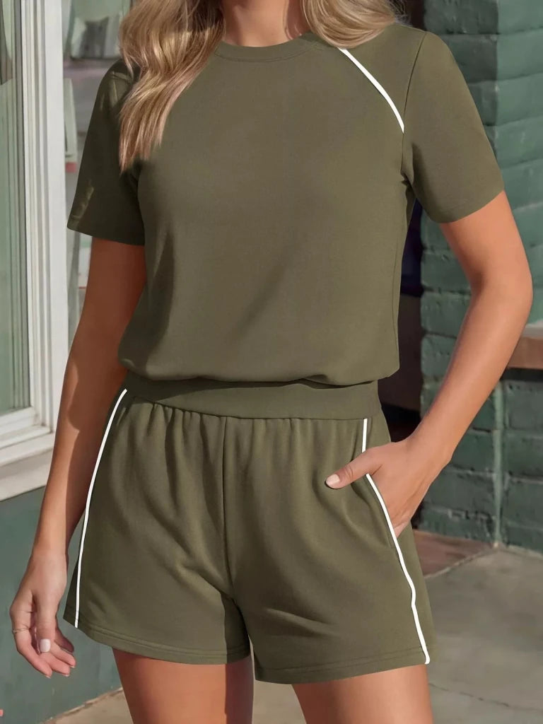 Contrast trim short sleeve T-shirt and shorts set, view 12