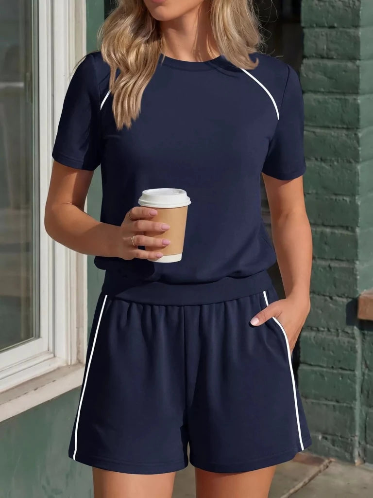 Contrast trim short sleeve T-shirt and shorts set, view 18