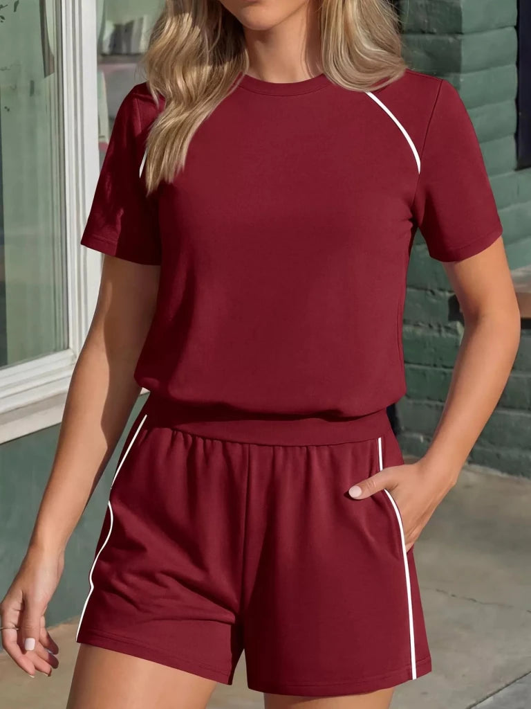 Contrast trim short sleeve T-shirt and shorts set, view 9