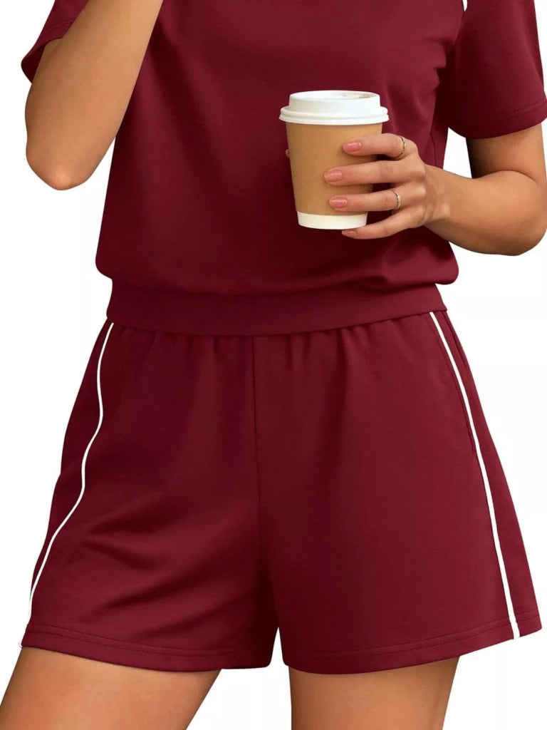 Contrast trim short sleeve T-shirt and shorts set, view 11