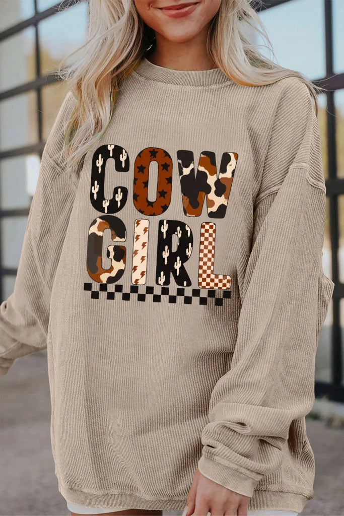 Cowgirl Graphic Long Sleeve Sweatshirt - Khaki by Trendsi from FREYA’S CLOSET