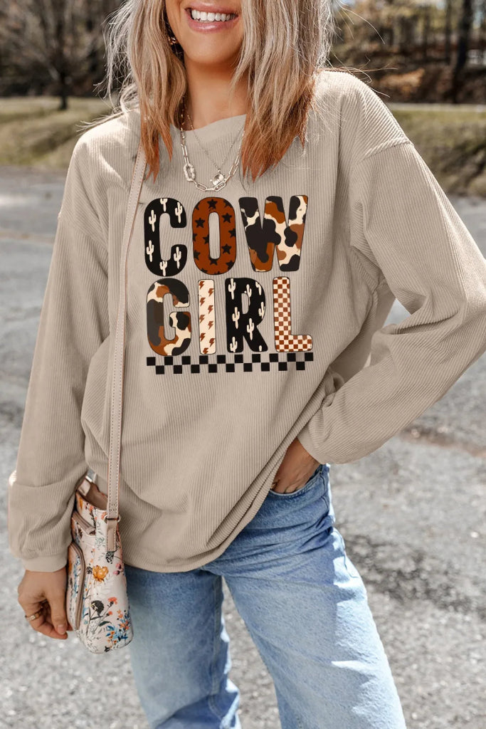 Cowgirl Graphic Long Sleeve Sweatshirt - Khaki by Trendsi from FREYA’S CLOSET
