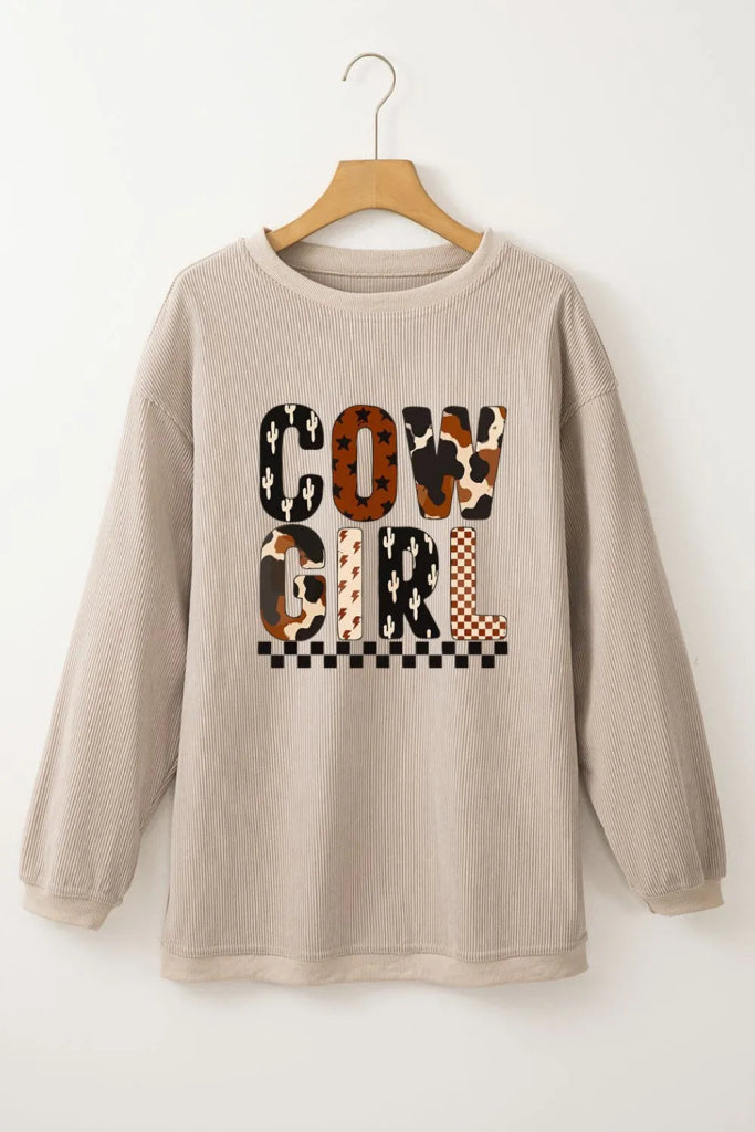 Cowgirl Graphic Long Sleeve Sweatshirt - Khaki by Trendsi from FREYA’S CLOSET