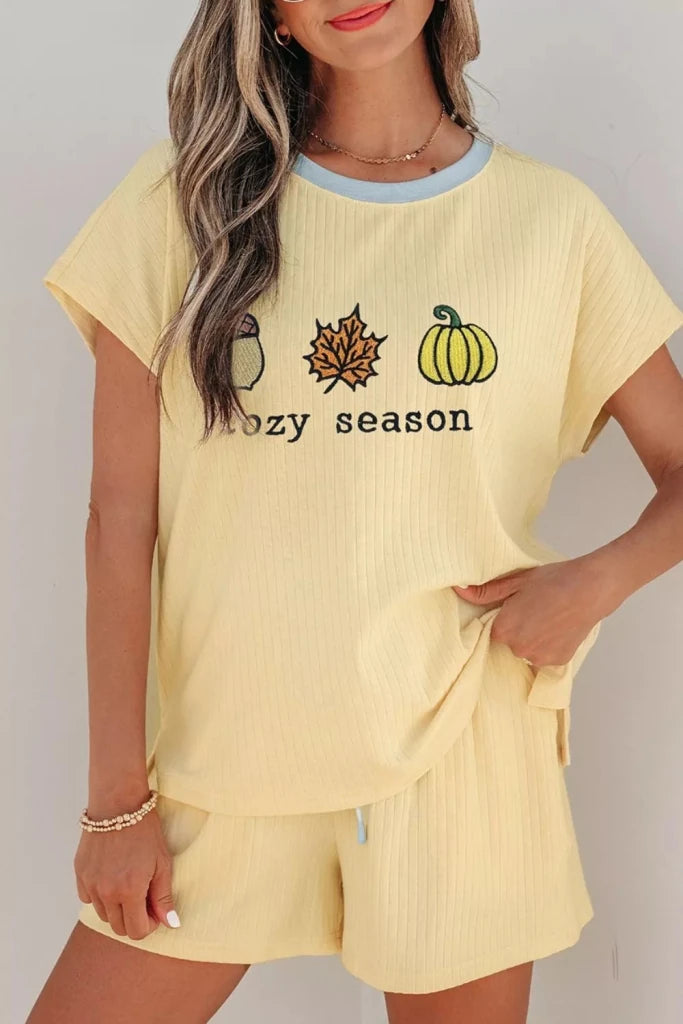 Cozy Season embroidered graphic relaxed two-piece short set, view 3