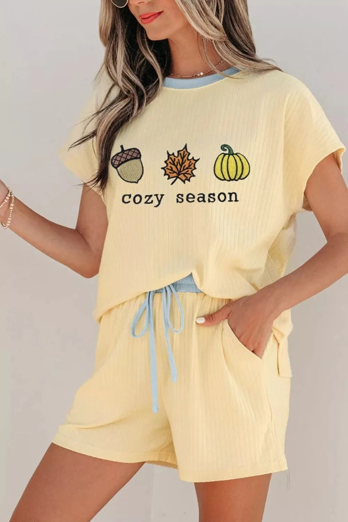Cozy Season embroidered graphic relaxed two-piece short set, view 4
