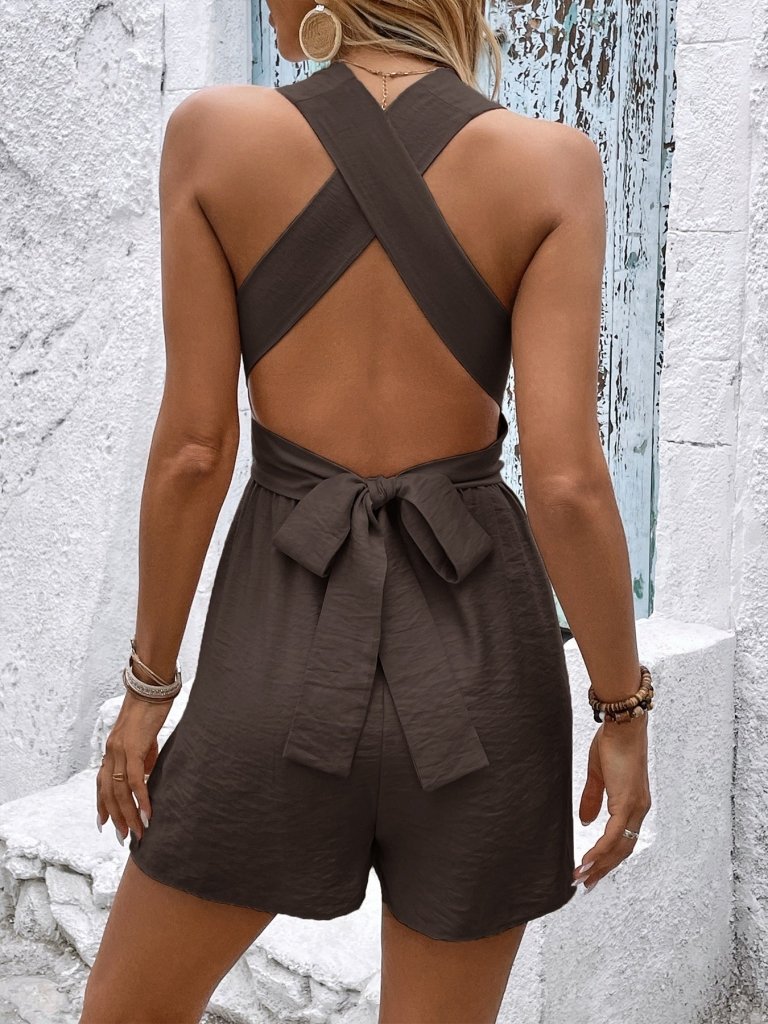 Crisscross Back Sleeveless Romper - Brown by Trendsi from FREYA’S CLOSET