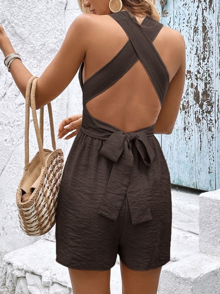 Crisscross Back Sleeveless Romper - Brown by Trendsi from FREYA’S CLOSET
