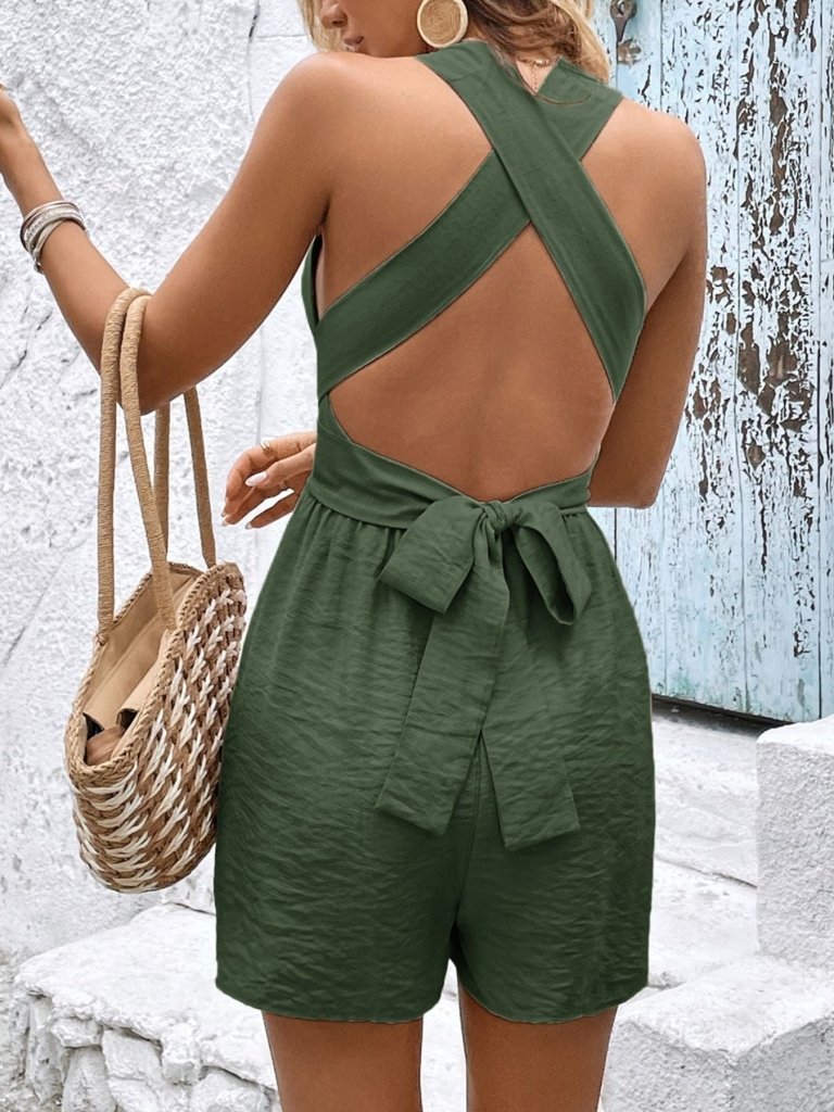 Crisscross Back Sleeveless Romper - Moss by Trendsi from FREYA’S CLOSET
