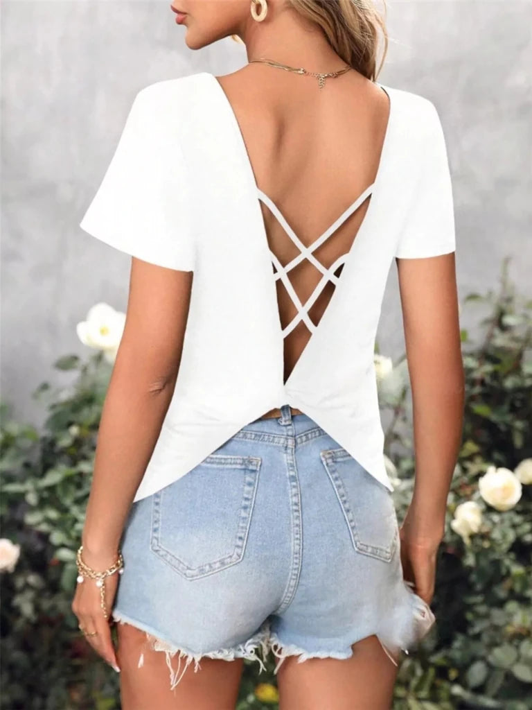 Crisscross Back V - Neck T-Shirt - White by Trendsi from FREYA’S CLOSET