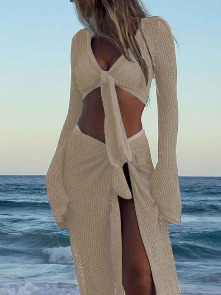 Crochet Knit Long Sleeve Crop Top and Slit Skirt Sweater Set - Beige by Trendsi from FREYA’S CLOSET