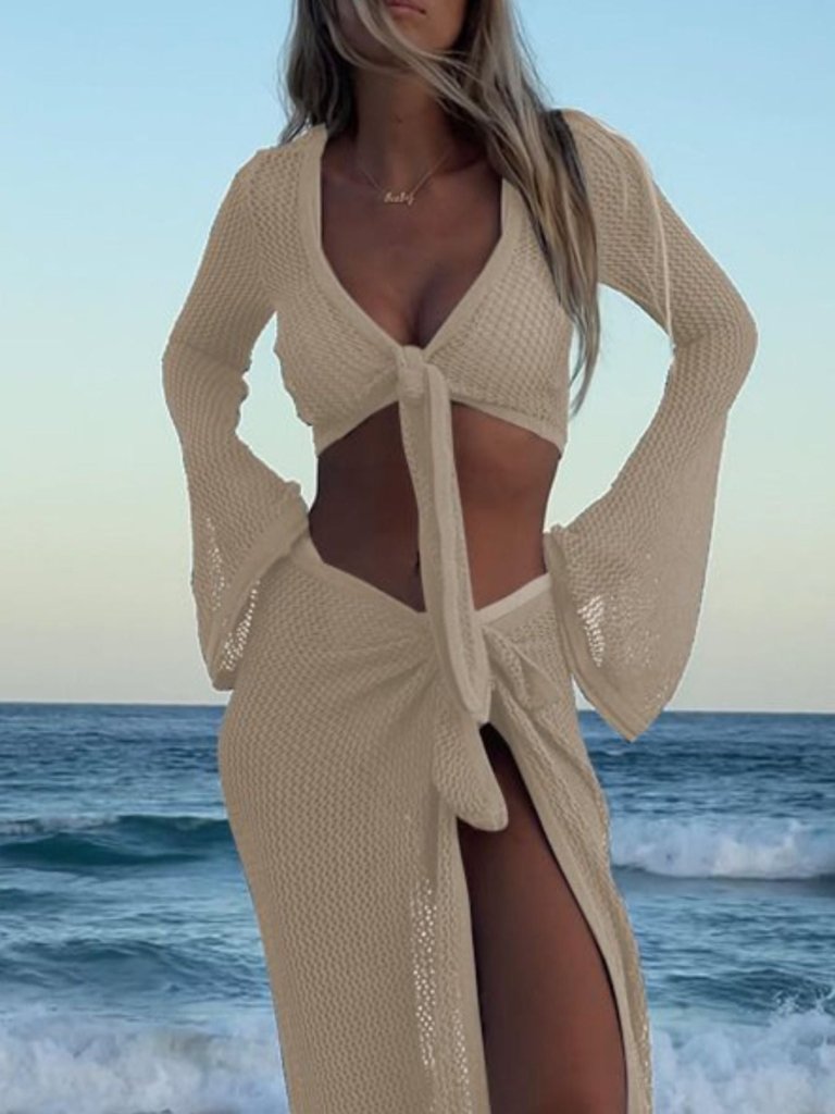 Crochet Knit Long Sleeve Crop Top and Slit Skirt Sweater Set - Beige by Trendsi from FREYA’S CLOSET