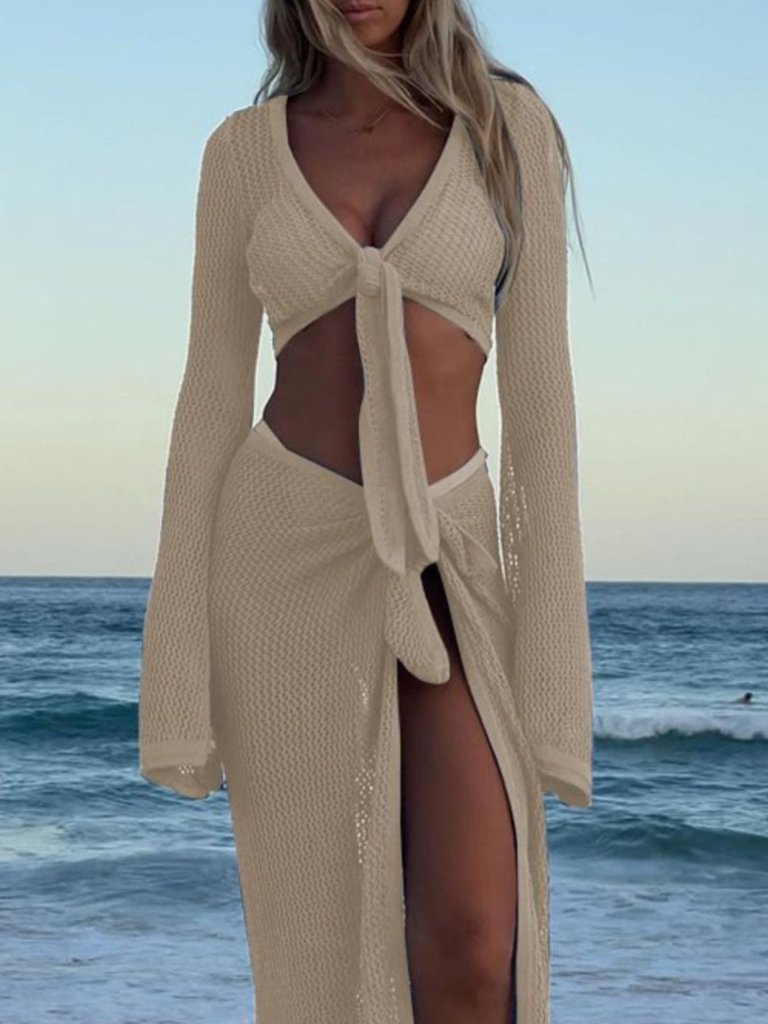 Crochet Knit Long Sleeve Crop Top and Slit Skirt Sweater Set - Beige by Trendsi from FREYA’S CLOSET