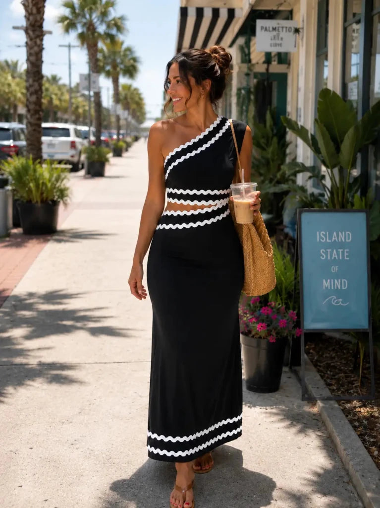 Cutout Contrast Trim Single Shoulder Dress - Black by Trendsi from FREYA’S CLOSET
