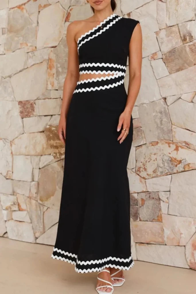 Cutout Contrast Trim Single Shoulder Dress - Black by Trendsi from FREYA’S CLOSET