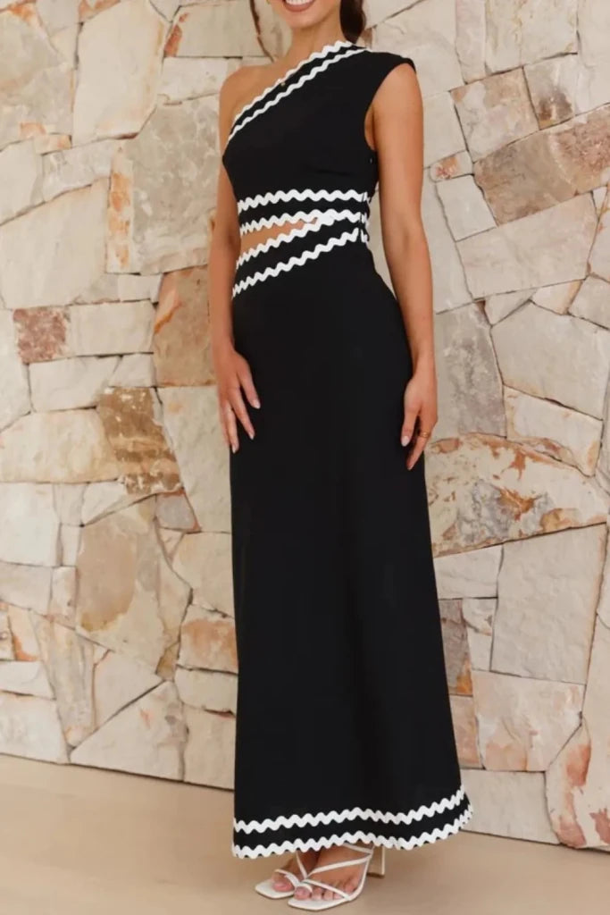 Cutout Contrast Trim Single Shoulder Dress - Black by Trendsi from FREYA’S CLOSET