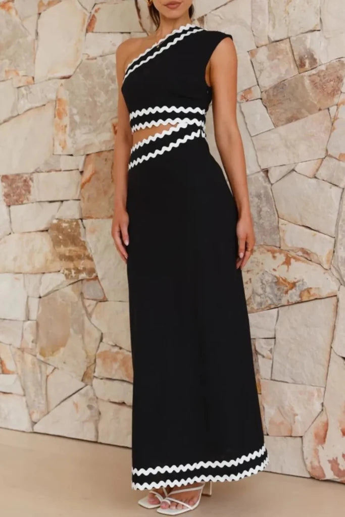Cutout Contrast Trim Single Shoulder Dress - Black by Trendsi from FREYA’S CLOSET