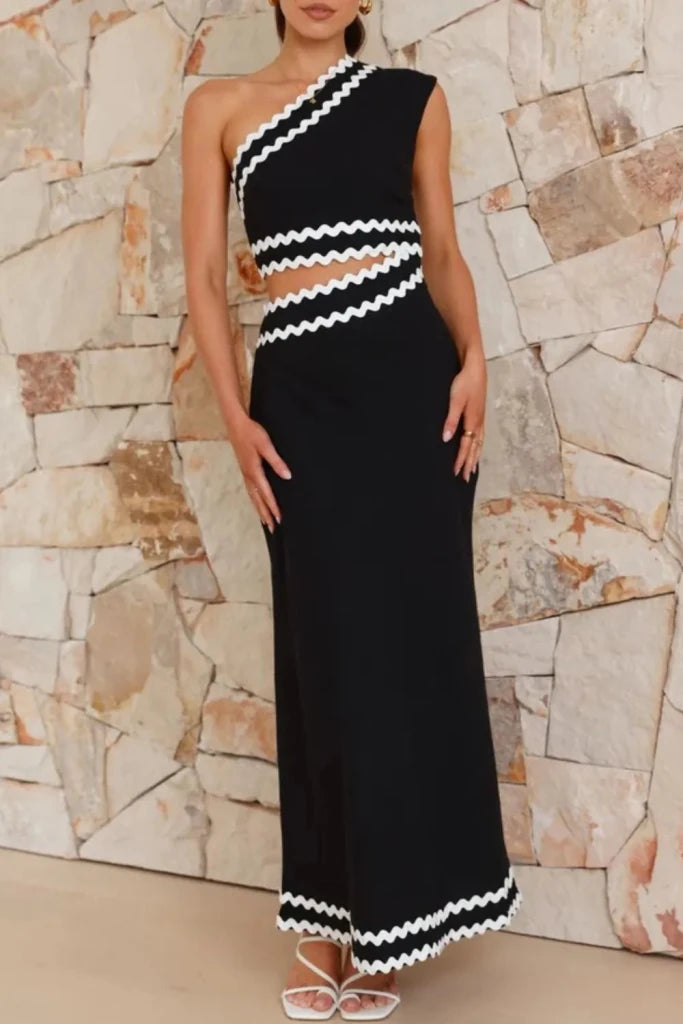 Cutout Contrast Trim Single Shoulder Dress - Black by Trendsi from FREYA’S CLOSET