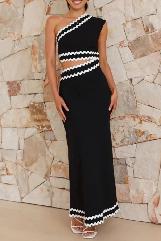 Cutout Contrast Trim Single Shoulder Dress - Black by Trendsi from FREYA’S CLOSET