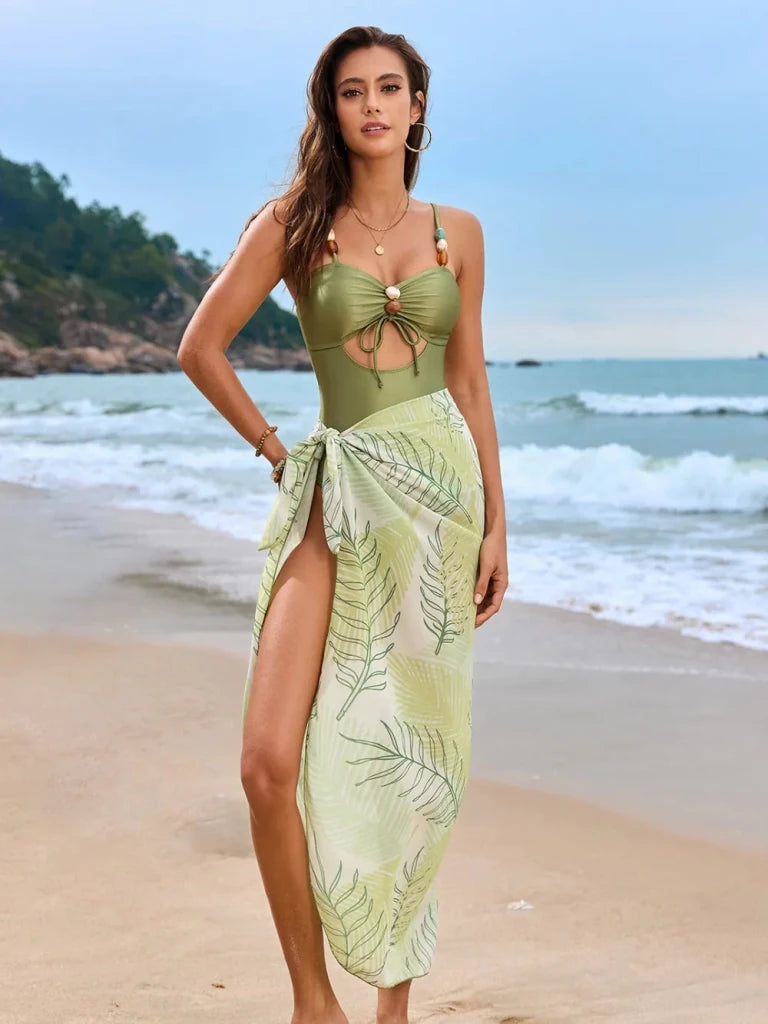Cutout Sweetheart Neck One - Piece Swimwear and Cover - Up Swim Set - Matcha Green by Trendsi from FREYA’S CLOSET