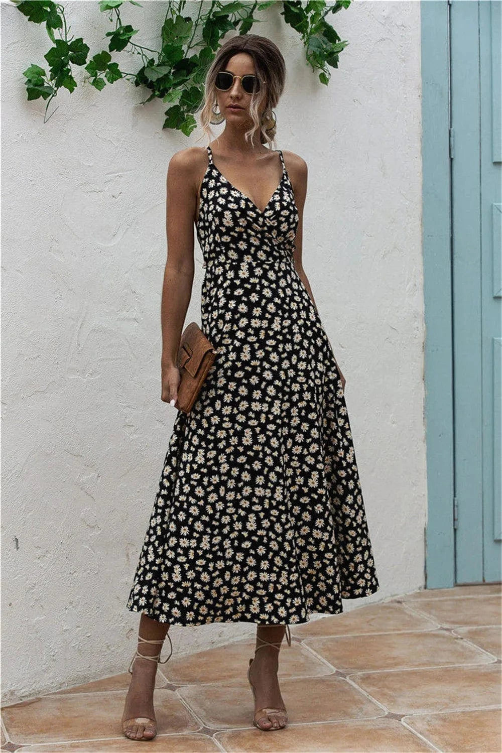 Trendsi Dresses Black / S Daisy Print Surplice Midi Cami Dress