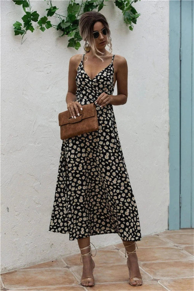 Daisy Print Surplice Midi Cami Dress - Black by Trendsi from FREYA’S CLOSET