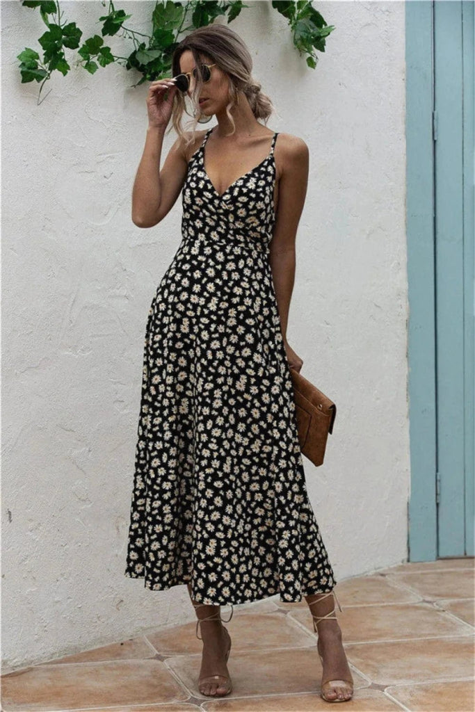 Daisy Print Surplice Midi Cami Dress - Black by Trendsi from FREYA’S CLOSET
