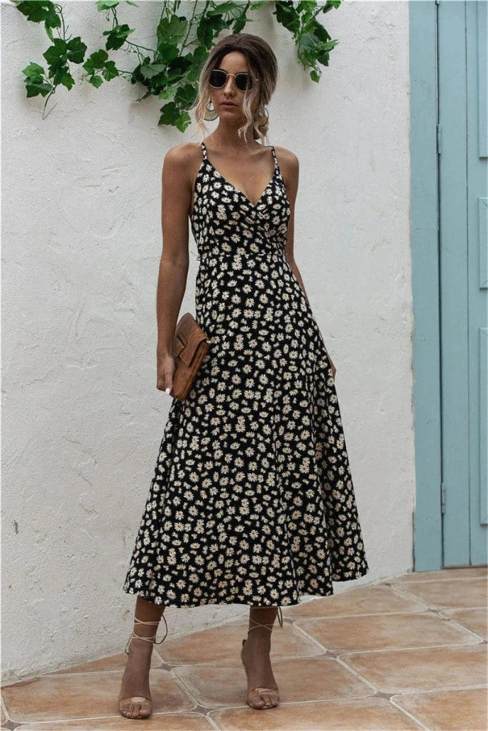 Daisy Print Surplice Midi Cami Dress - Black by Trendsi from FREYA’S CLOSET