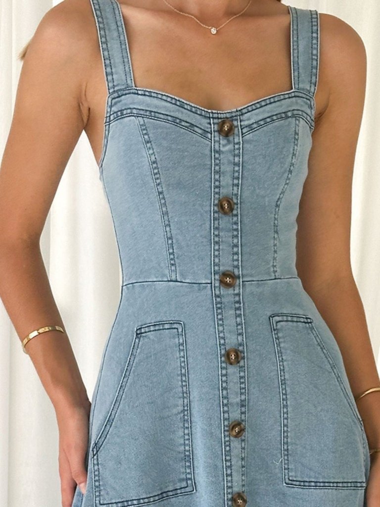Decor Button Front A - Line Denim Dress - Light Blue by Trendsi from FREYA’S CLOSET