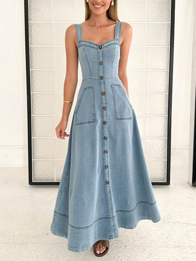Decor Button Front A - Line Denim Dress - Light Blue by Trendsi from FREYA’S CLOSET