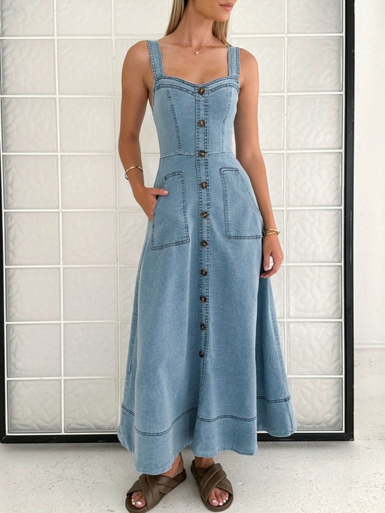 Decor Button Front A - Line Denim Dress - Light Blue by Trendsi from FREYA’S CLOSET
