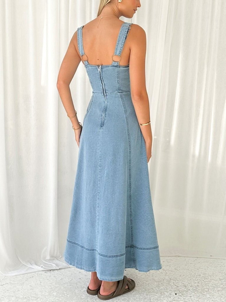 Decor Button Front A - Line Denim Dress - Light Blue by Trendsi from FREYA’S CLOSET