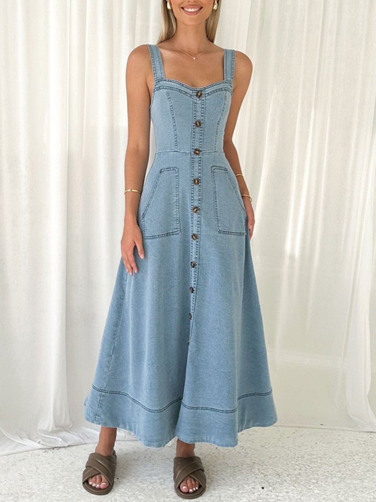 Decor Button Front A - Line Denim Dress - Light Blue by Trendsi from FREYA’S CLOSET