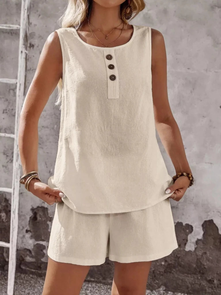 Decor Button Round Neck Tank and Shorts Set - Apricot by Trendsi from FREYA’S CLOSET