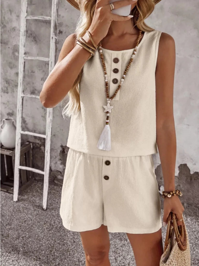 Decor Button Round Neck Tank and Shorts Set - Apricot by Trendsi from FREYA’S CLOSET