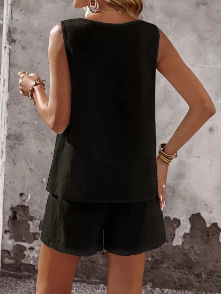 Decor Button Round Neck Tank and Shorts Set - Black by Trendsi from FREYA’S CLOSET