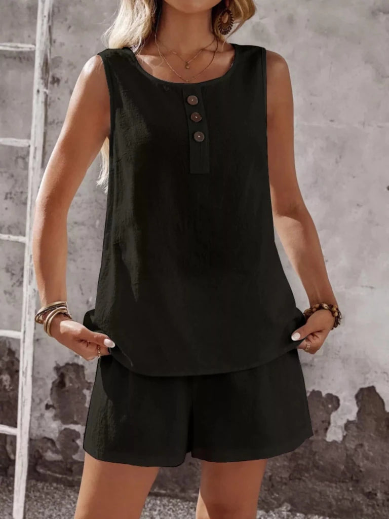 Decor Button Round Neck Tank and Shorts Set - Black by Trendsi from FREYA’S CLOSET