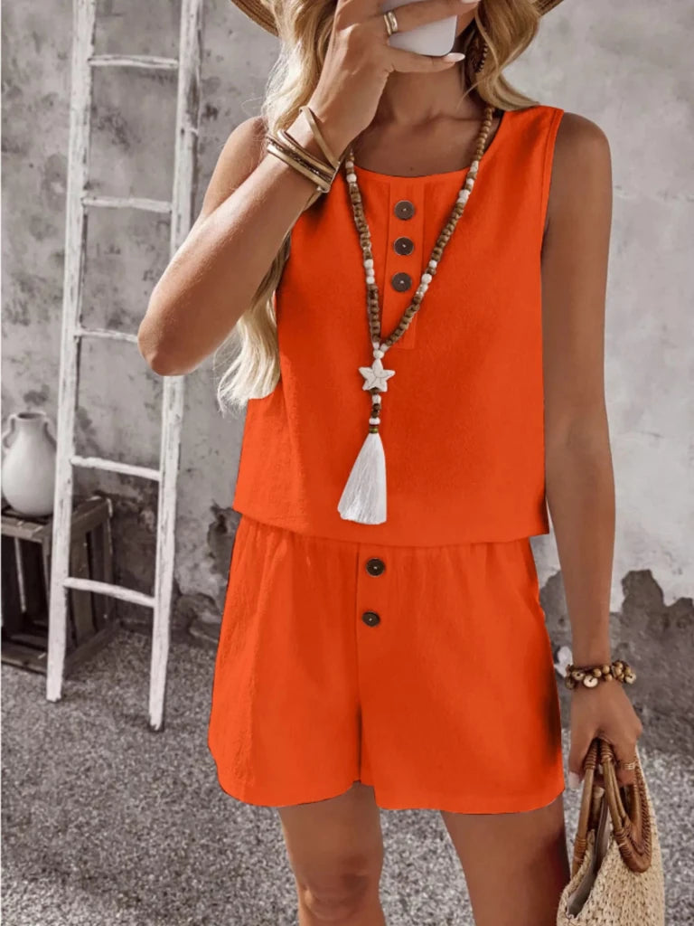 Decor Button Round Neck Tank and Shorts Set - Orange by Trendsi from FREYA’S CLOSET