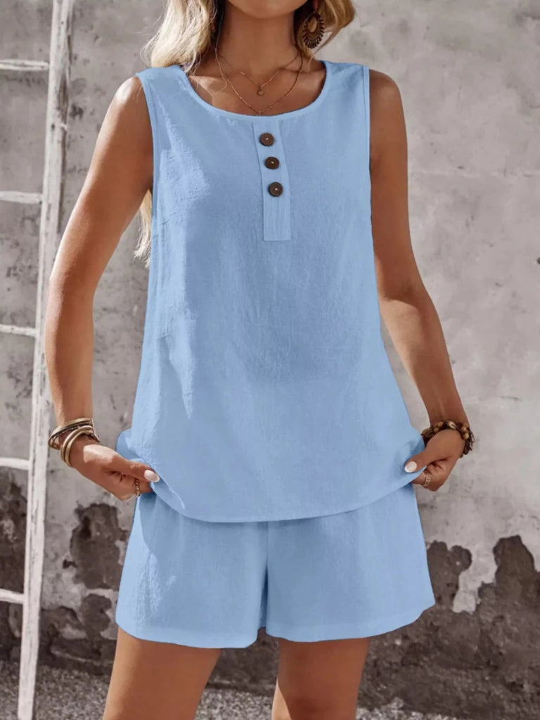 Decor Button Round Neck Tank and Shorts Set - Sky Blue by Trendsi from FREYA’S CLOSET